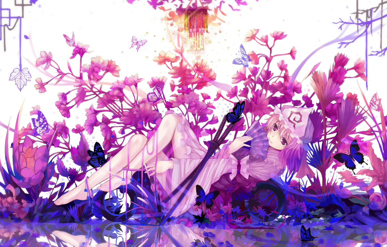 Фото обои девушка, бабочки, цветы, оружие, катана, аниме, арт, touhou