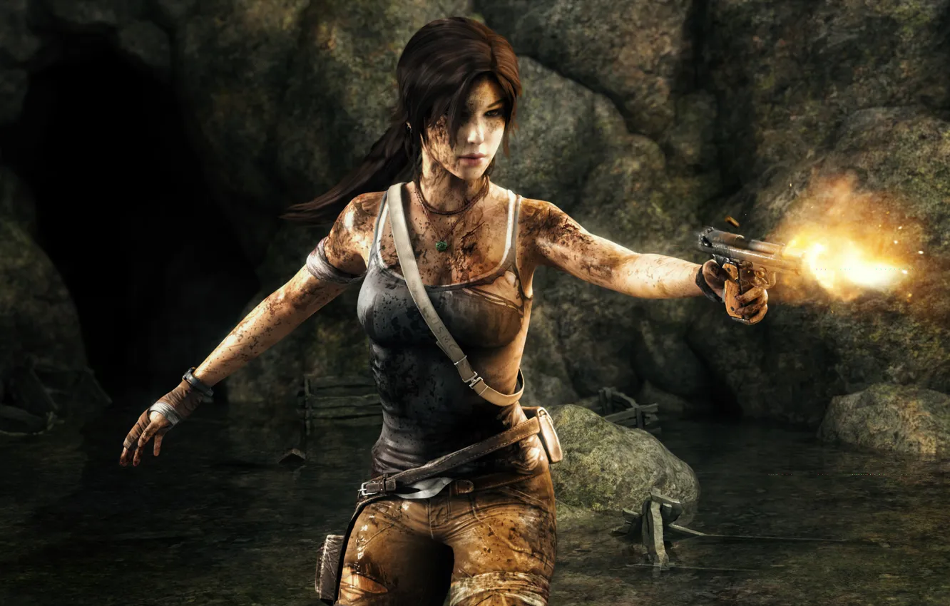 Фото обои Tomb Raider, blood, pistol, Lara Croft, fanart