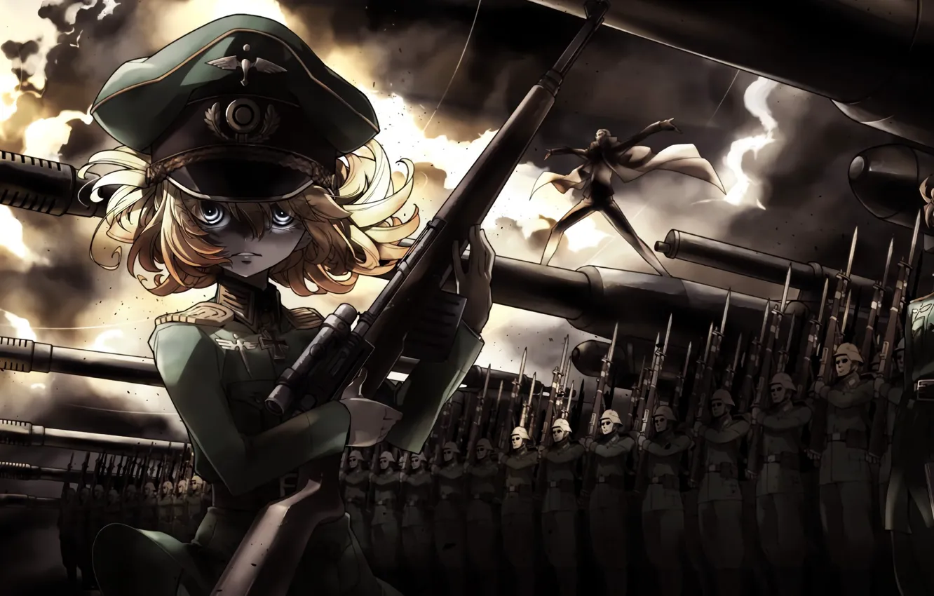 Фото обои girl, soldier, military, war, anime, cross, army, sniper