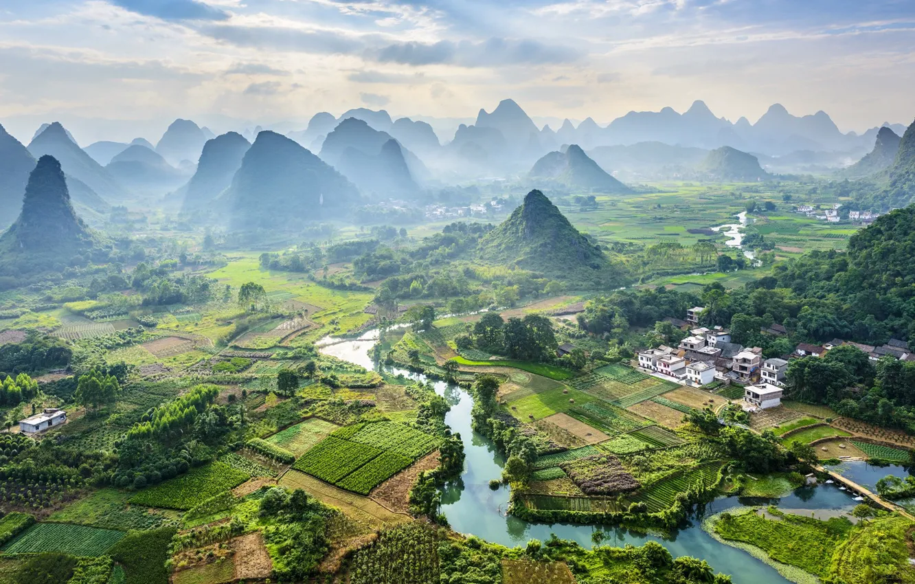 Фото обои горы, река, China, поля, деревня, Китай, Yangshuo County, Cuiping village