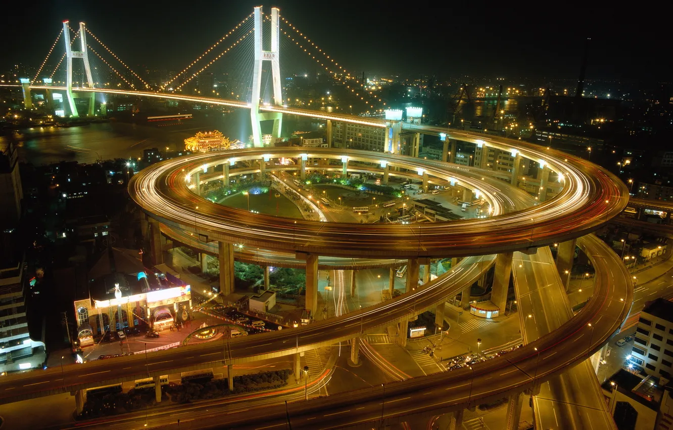 Фото обои ночь, мост, город, огни, китай, дороги, шанхай