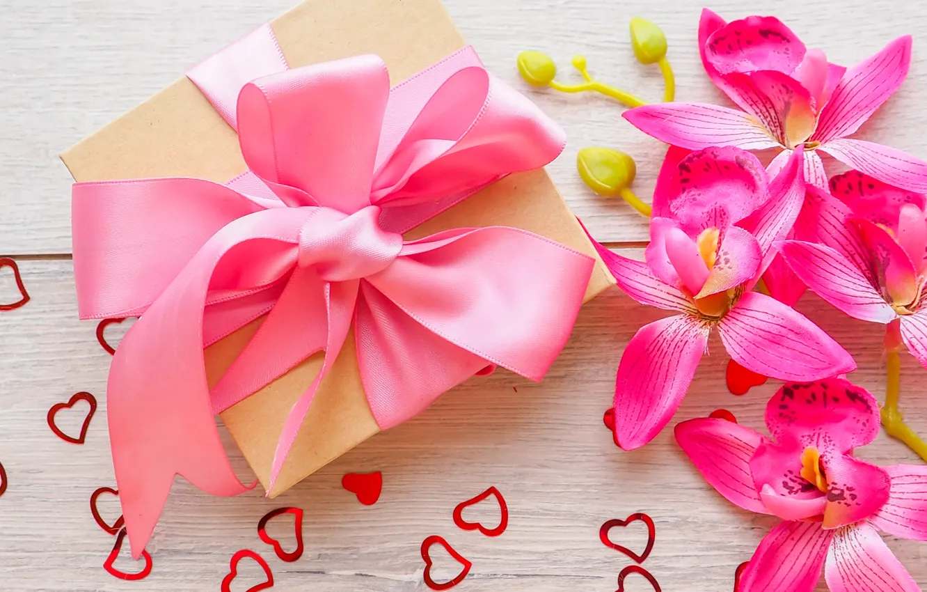 Фото обои праздник, подарок, сердечки, орхидея, valentine's day, gift, Evgeny Karandaev