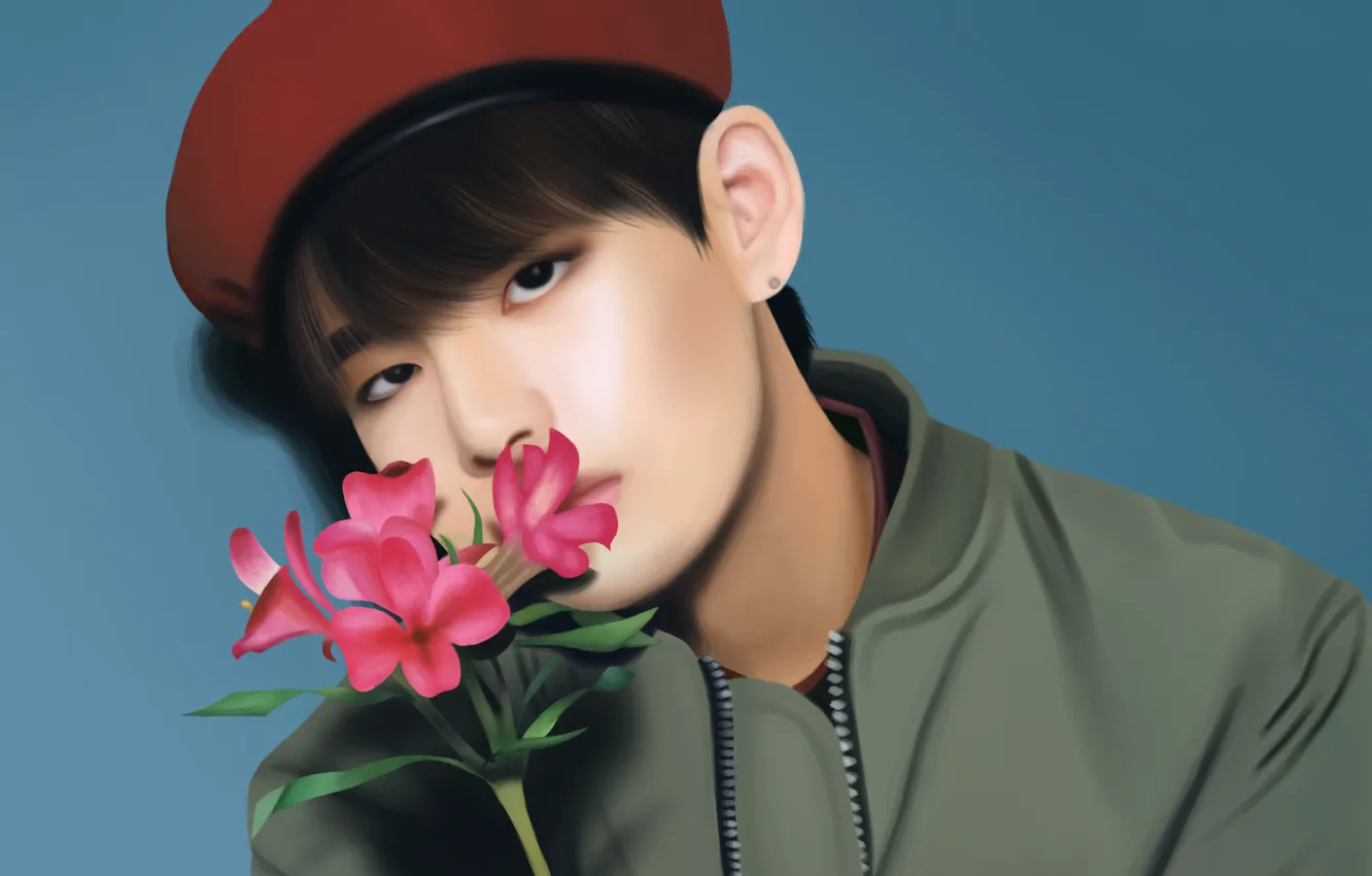 Фото обои цветок, парень, BTS, BangTan Boys, Kim Tae Hyung, Bulletproof Boy Scouts, by Yunhosbambi