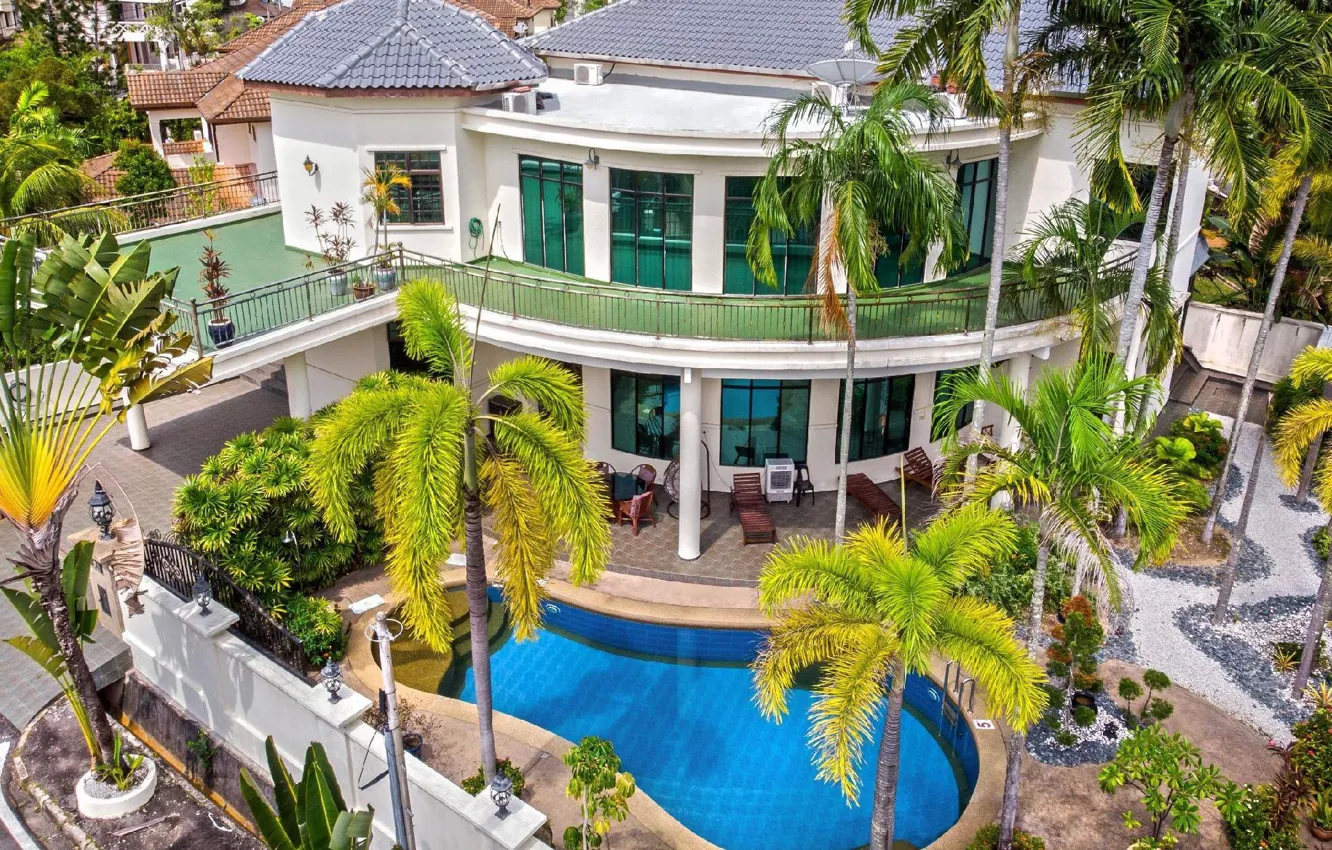 Фото обои дизайн, пальмы, вилла, бассейн, архитектура, терраса, два уровня