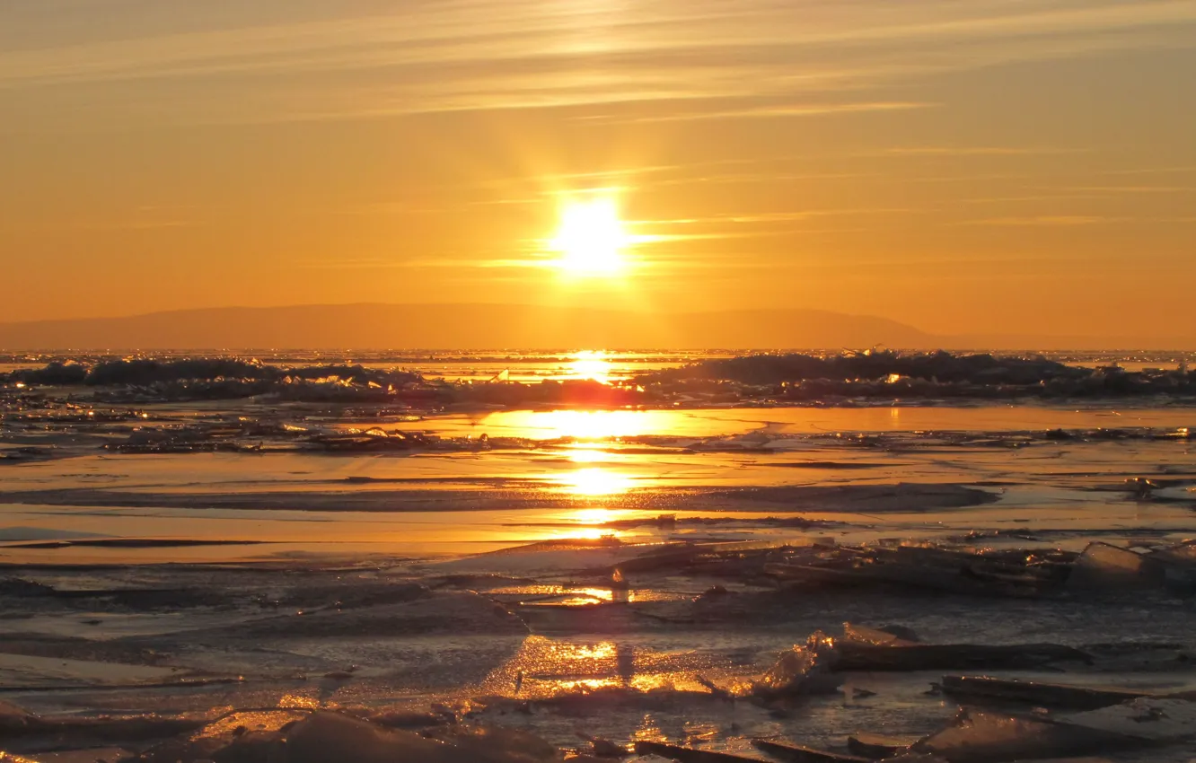 Фото обои солнце, закат, льдины