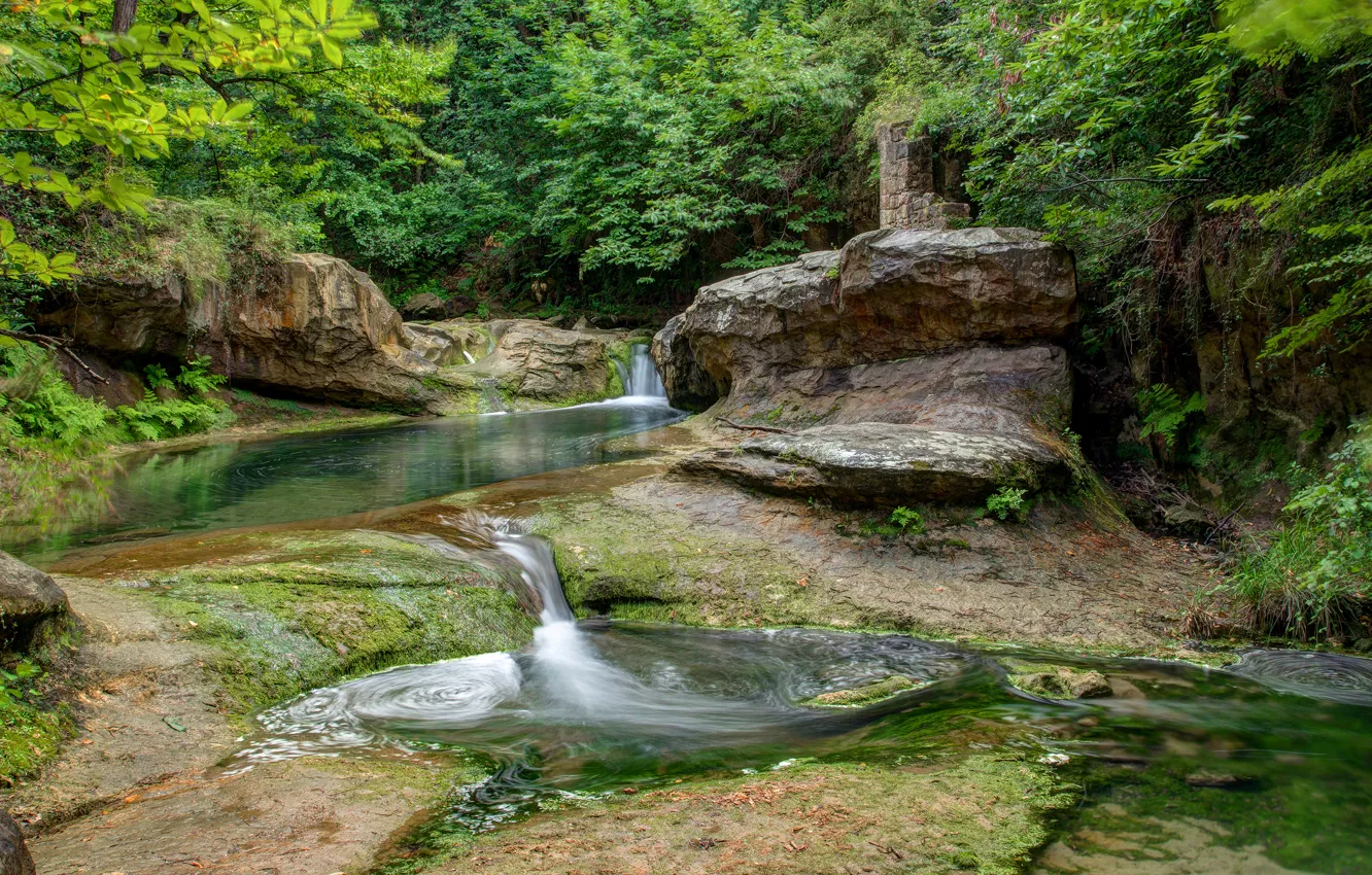 Фото обои лес, ручей, камни, скалы, каскад