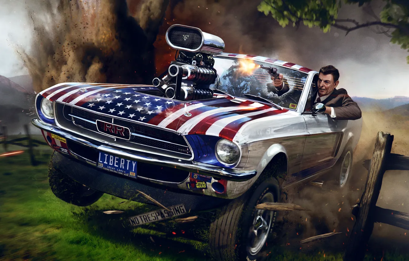 Фото обои взрыв, пистолет, Ford Mustang, art, Ronald Reagan