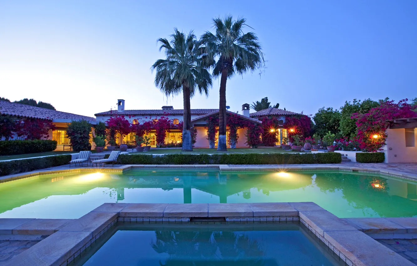 Фото обои пальмы, вечер, бассейн, ранчо, rancho Mirage