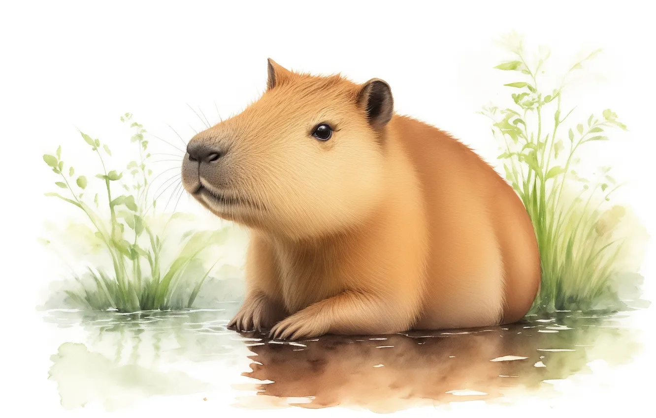 Фото обои рисунок, акварель, милый, cute, drawing, watercolor, капибара, capybara