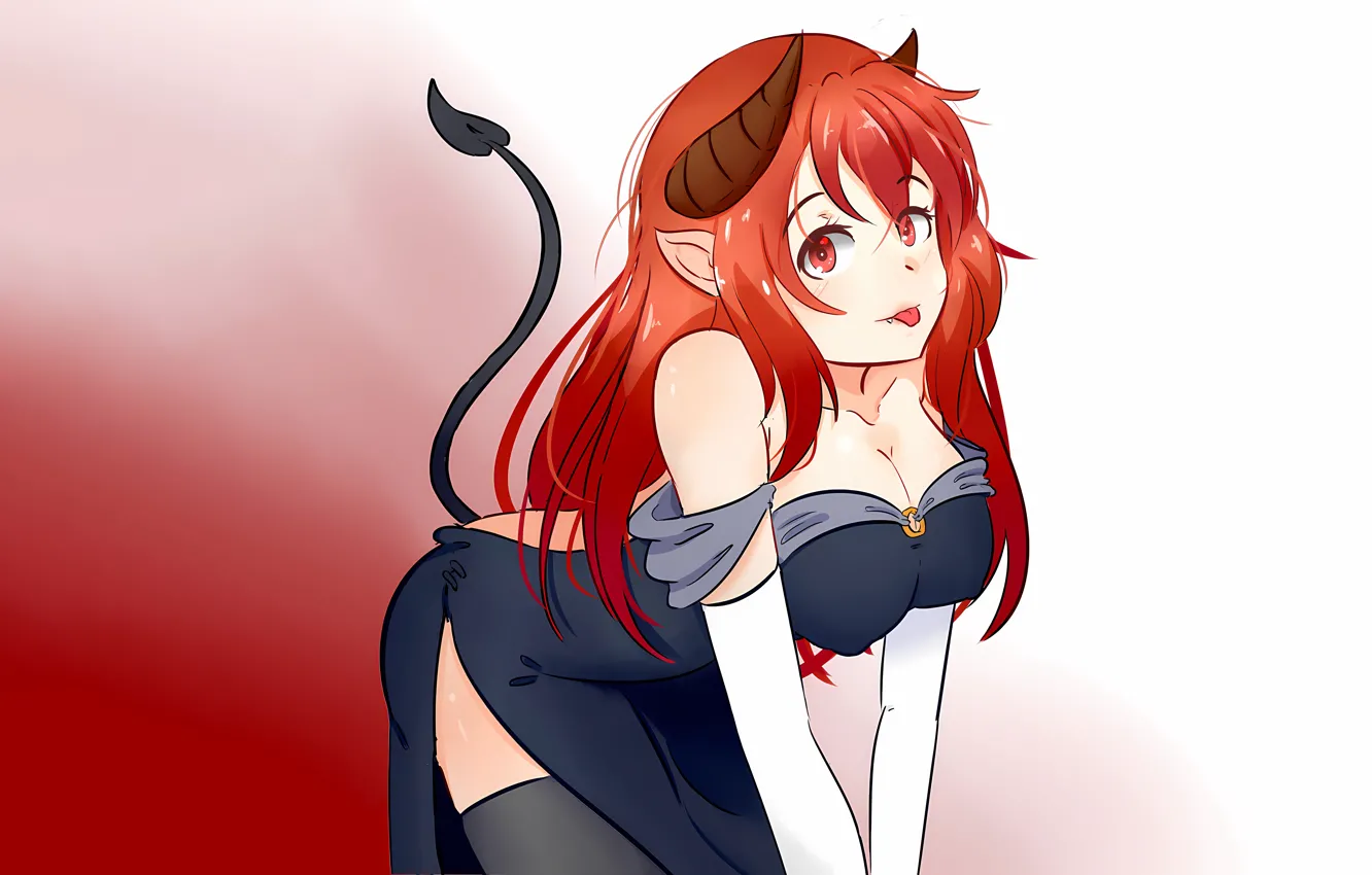 Фото обои girl, sexy, cleavage, thighhighs, horns, erect nipples, red hair, long hair