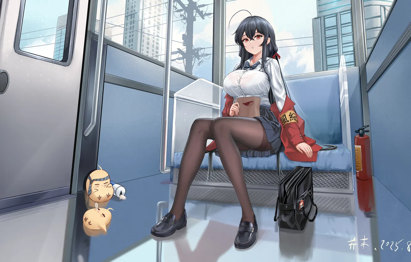 Фото обои девушка, транспорт, игрушка, аниме, брюнетка, сумочка, girl, anime