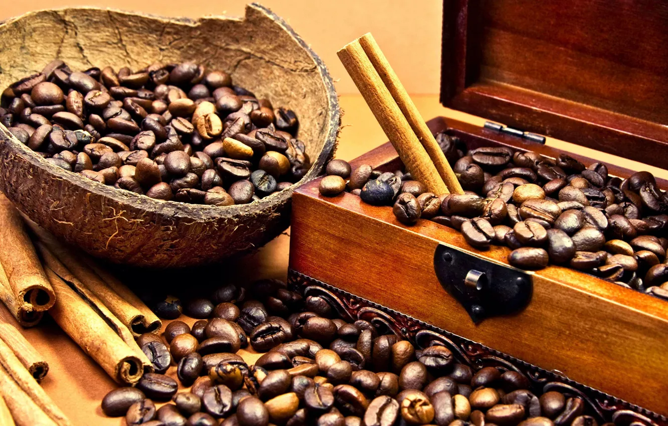 Фото обои кофе, кокос, палочки, шкатулка, корица, зёрна, Coffee, кофейные