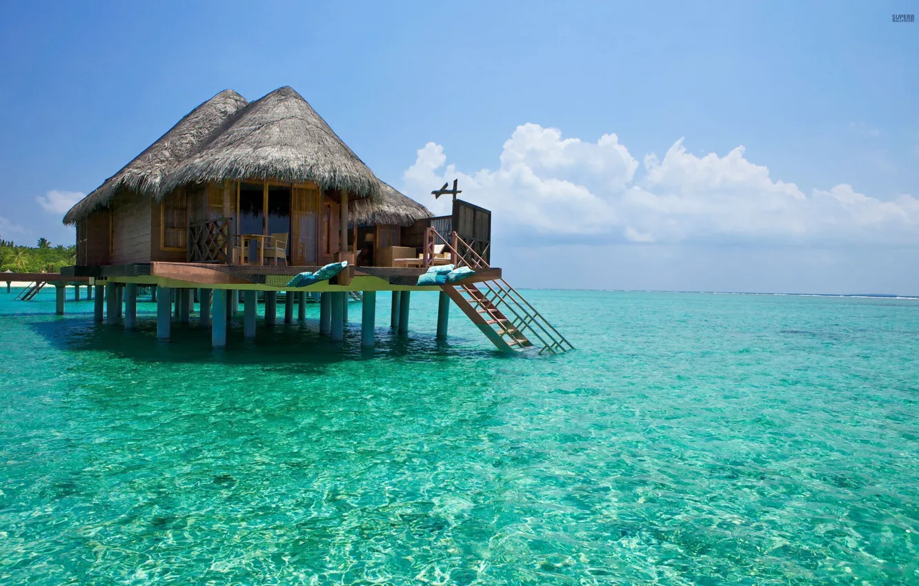 Фото обои вода, океан, прозрачная, экзотика, бунгало, Maldives