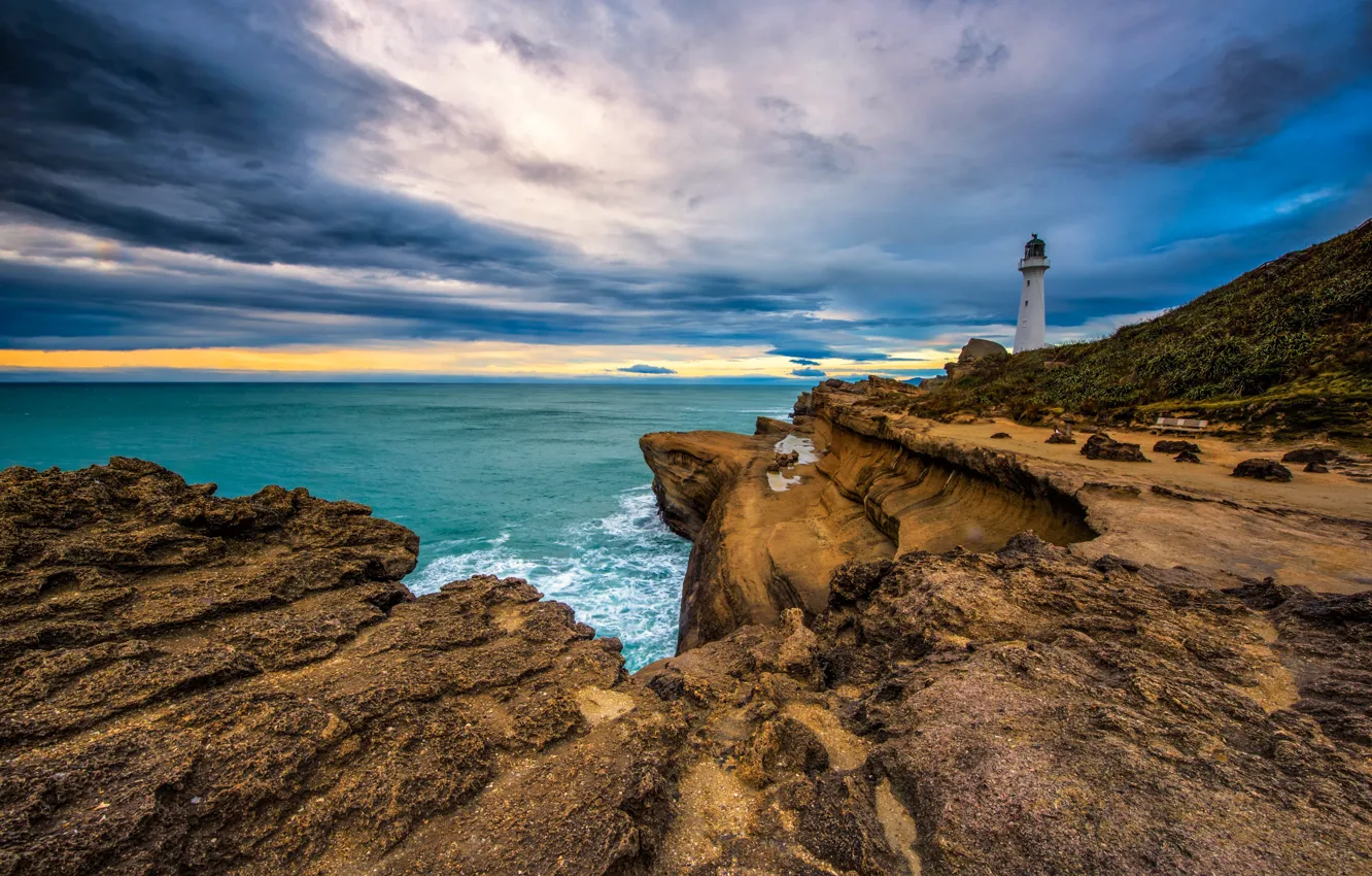 Фото обои скалы, побережье, маяк, Новая Зеландия