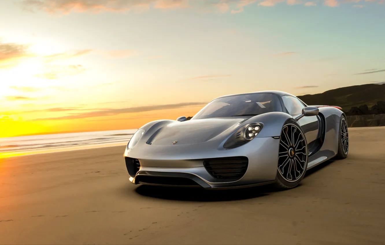 Фото обои пляж, закат, рендеринг, Porsche, суперкар, Spyder, 918