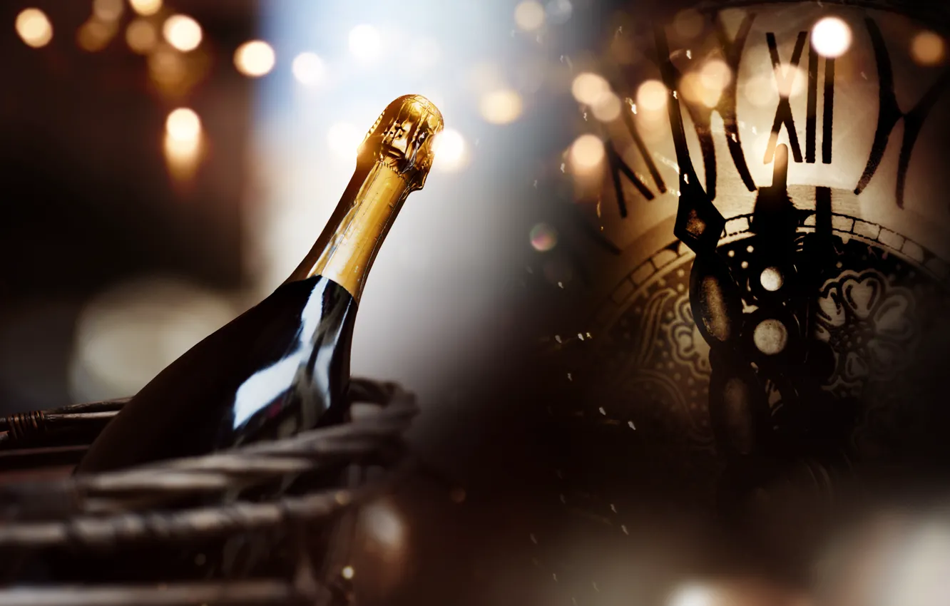 Фото обои ночь, часы, елка, Новый Год, бокалы, шампанское, 2018, New Year