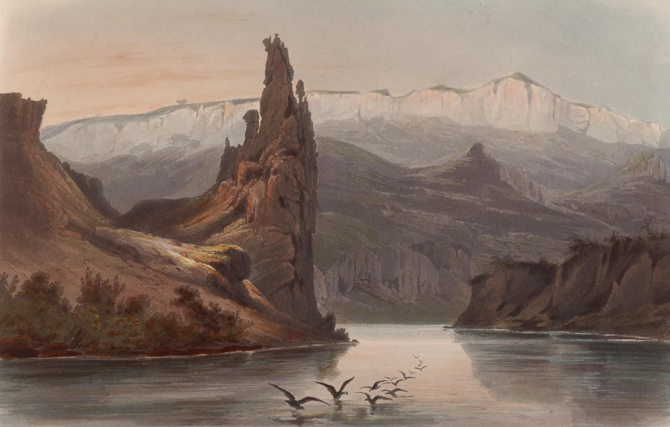 Фото обои картина, живопись, painting, Karl Bodmer, Бодмер, 1837, singular eminences on the missouri with the citadel …