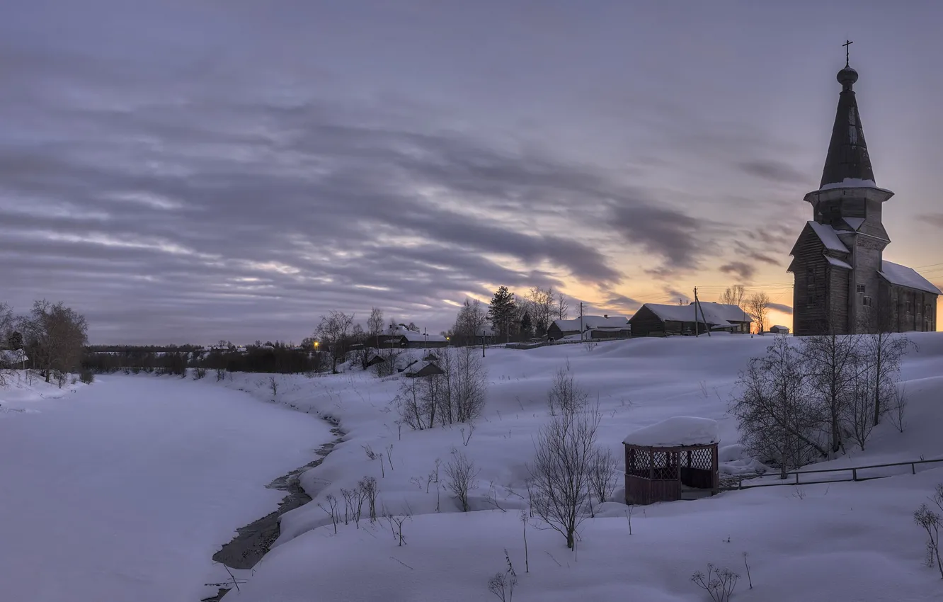 Фото обои зима, вечер, деревня, храм, Саминский Погост, Вологодская область