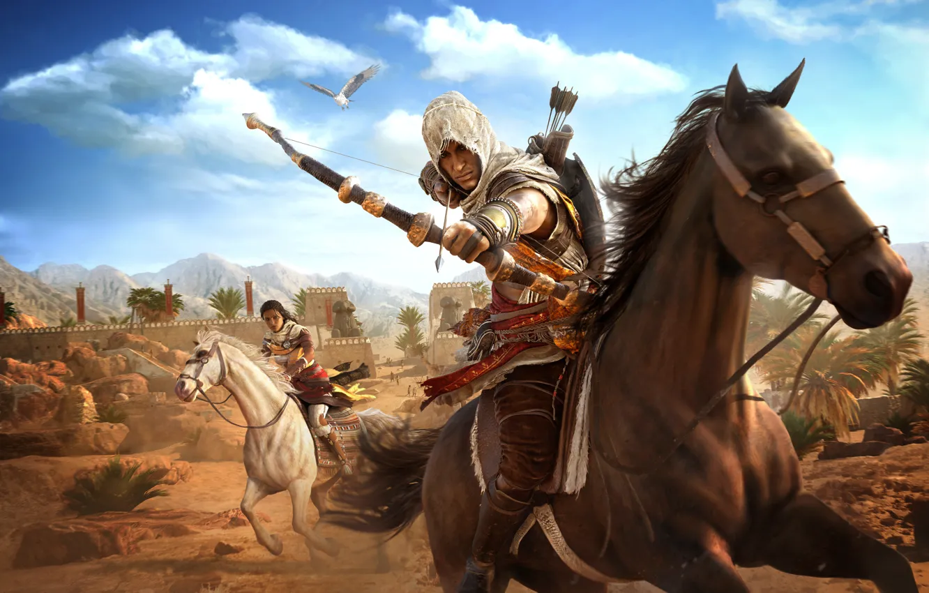 Фото обои оружие, орел, пустыня, лошадь, лук, египет, ассасин, Assasin