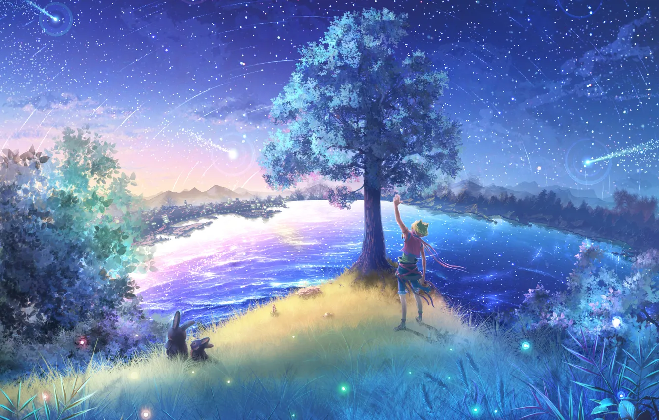 Фото обои небо, звезды, город, дерево, животное, мальчик, шарф, зайчики