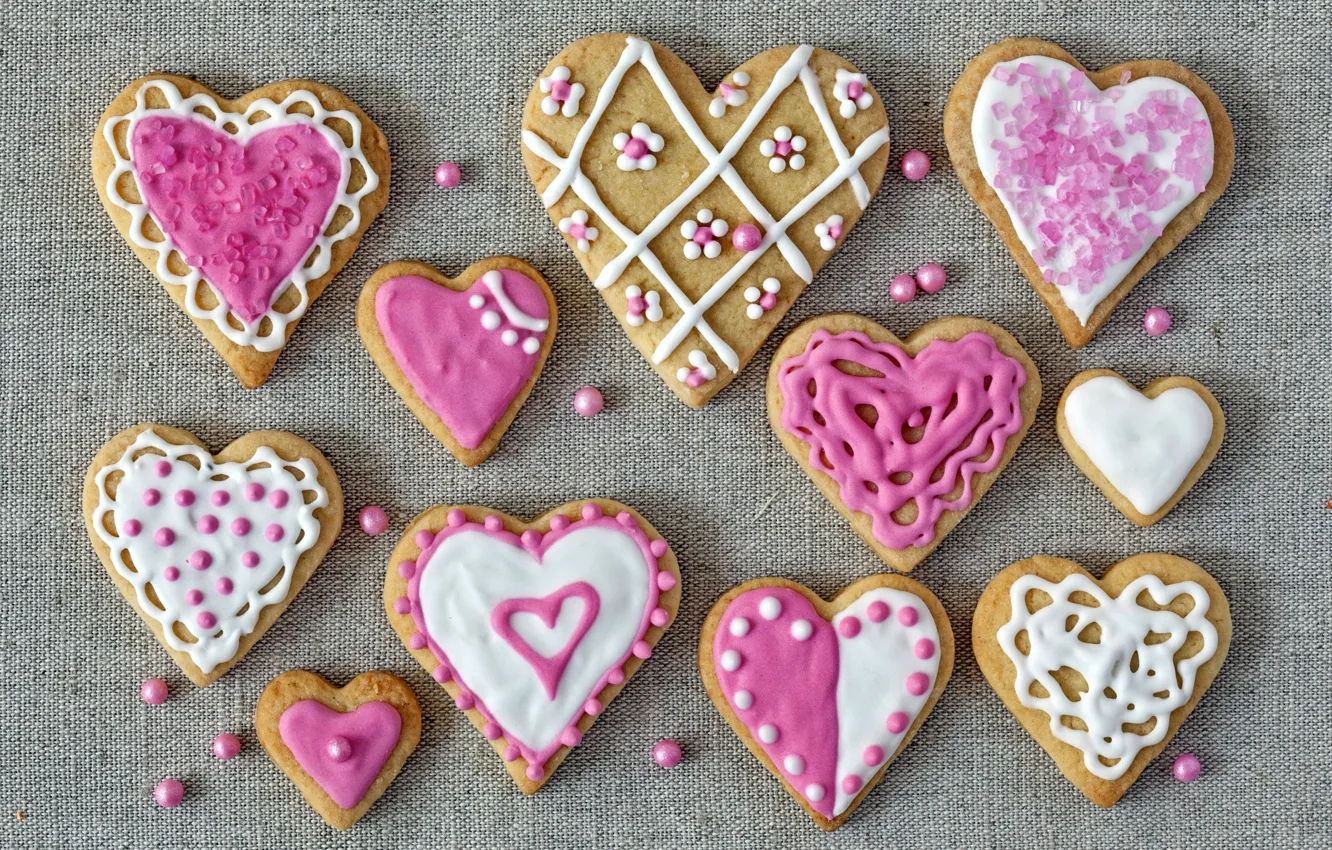 Фото обои праздник, печенье, сердечки, love, pink, выпечка, hearts, valentines