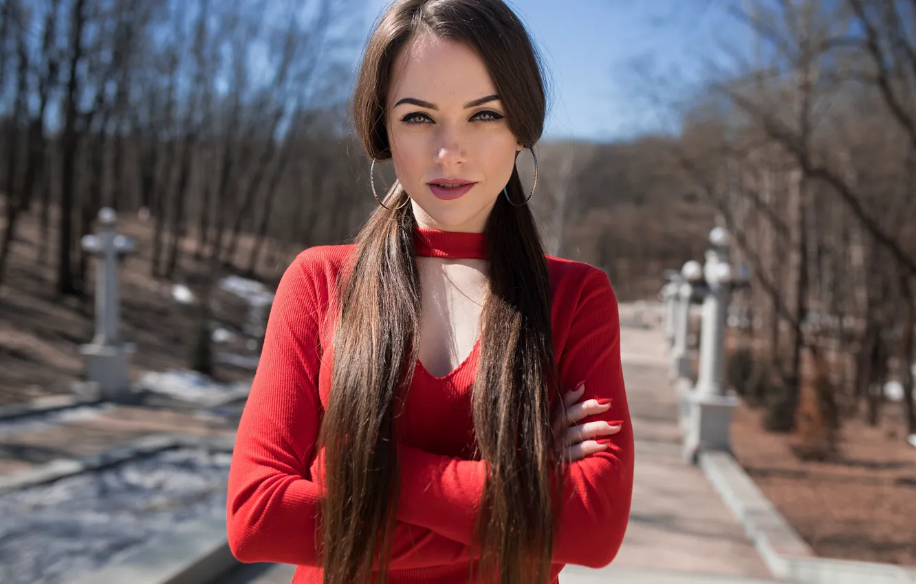 Фото обои girl, long hair, dress, brown hair, photo, blue eyes, twintails, model