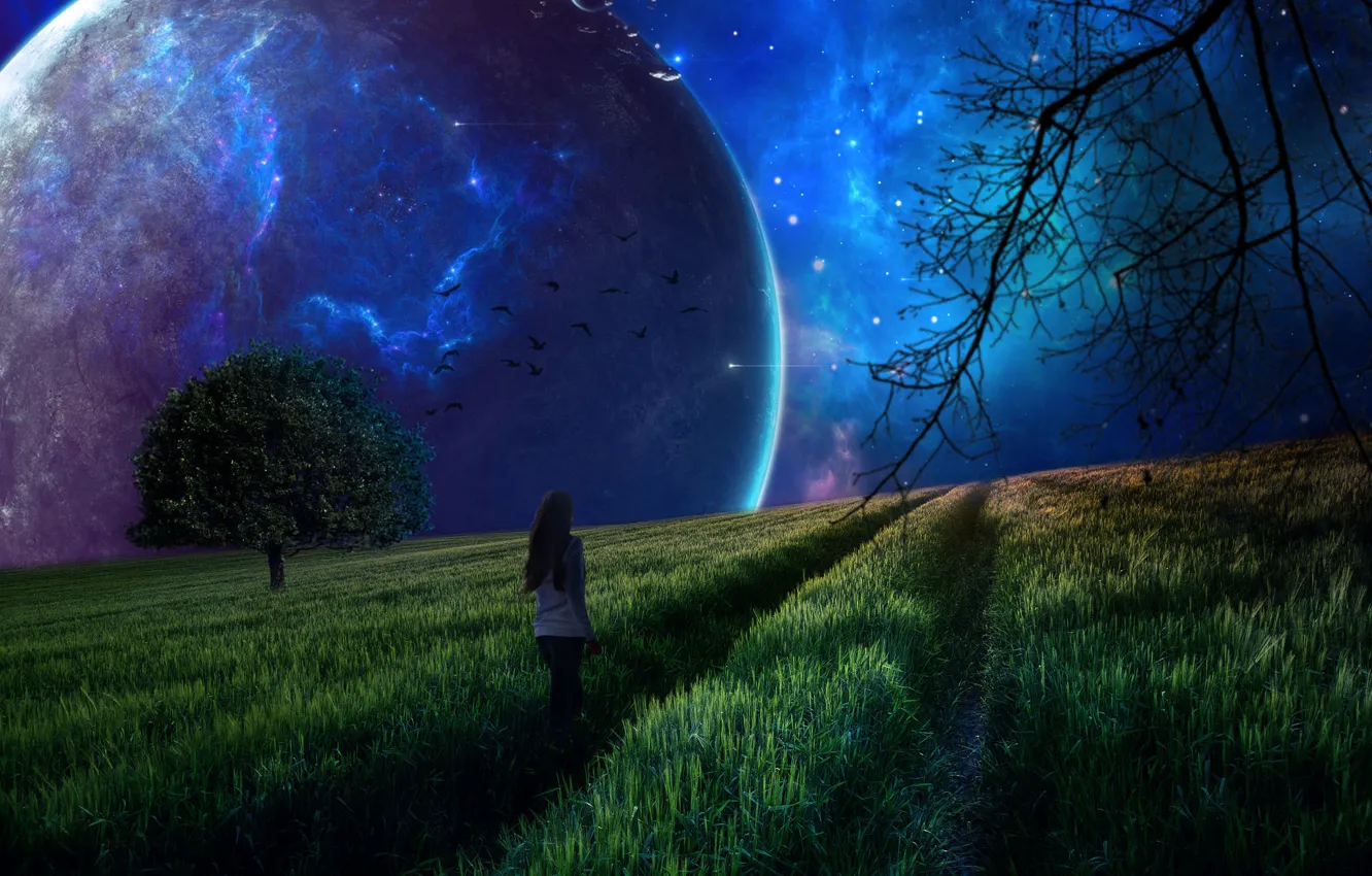 Фото обои девушка, космос, пейзаж, фон, планета, сон, Природа, галактика