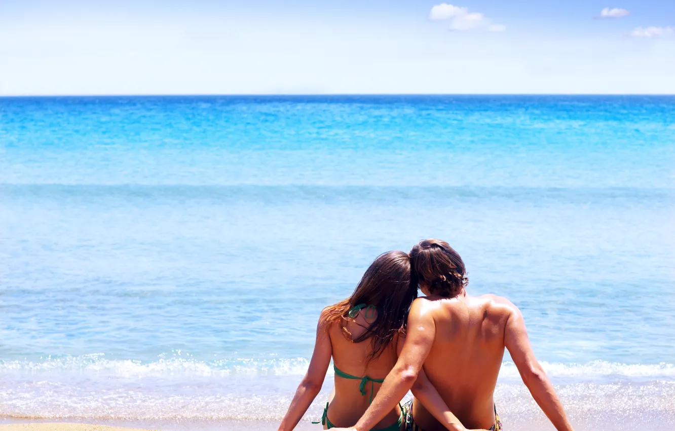 Фото обои море, пляж, девушка, солнце, пара, парень, отношения, Pair