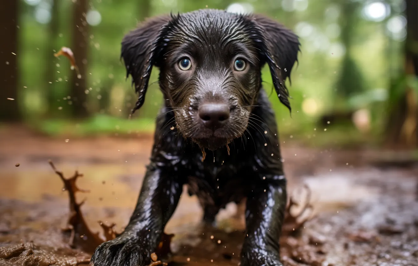 Фото обои Вода, Собака, Взгляд, Грязь, Щенок, Спереди, Цифровое искусство, Мордашка