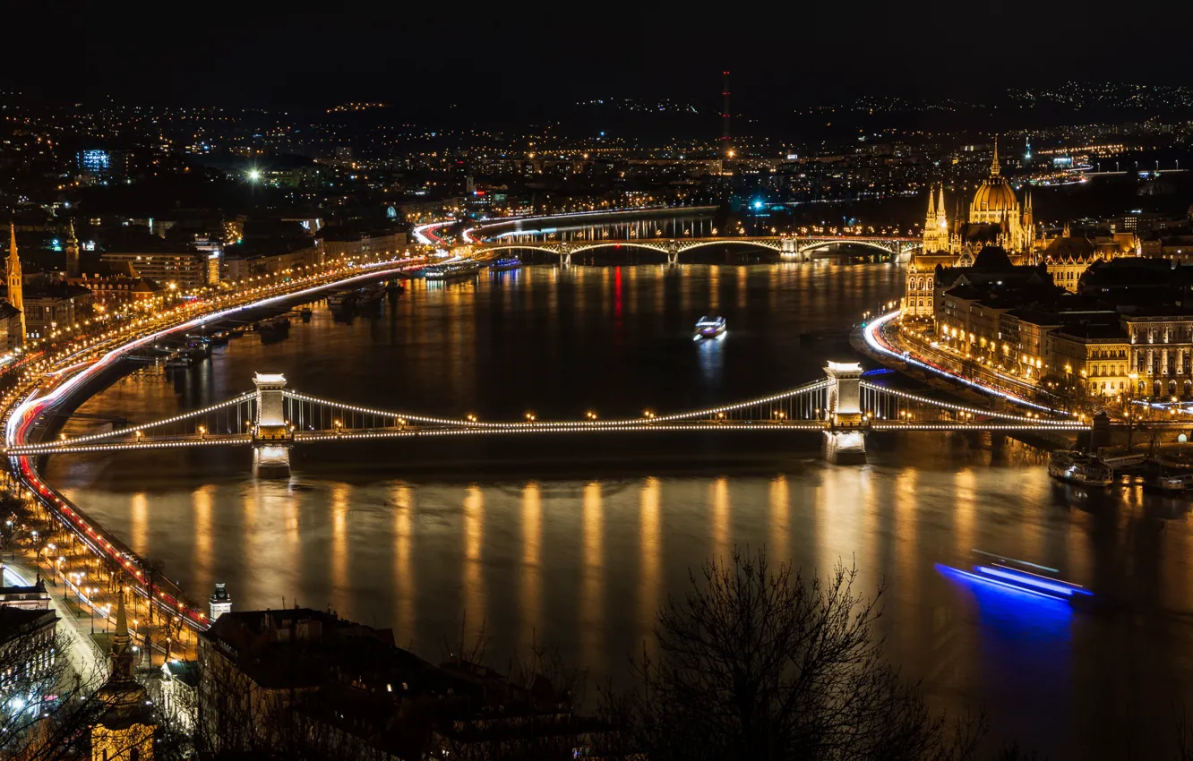 Фото обои ночь, мост, огни, река, дома, Венгрия, Будапешт
