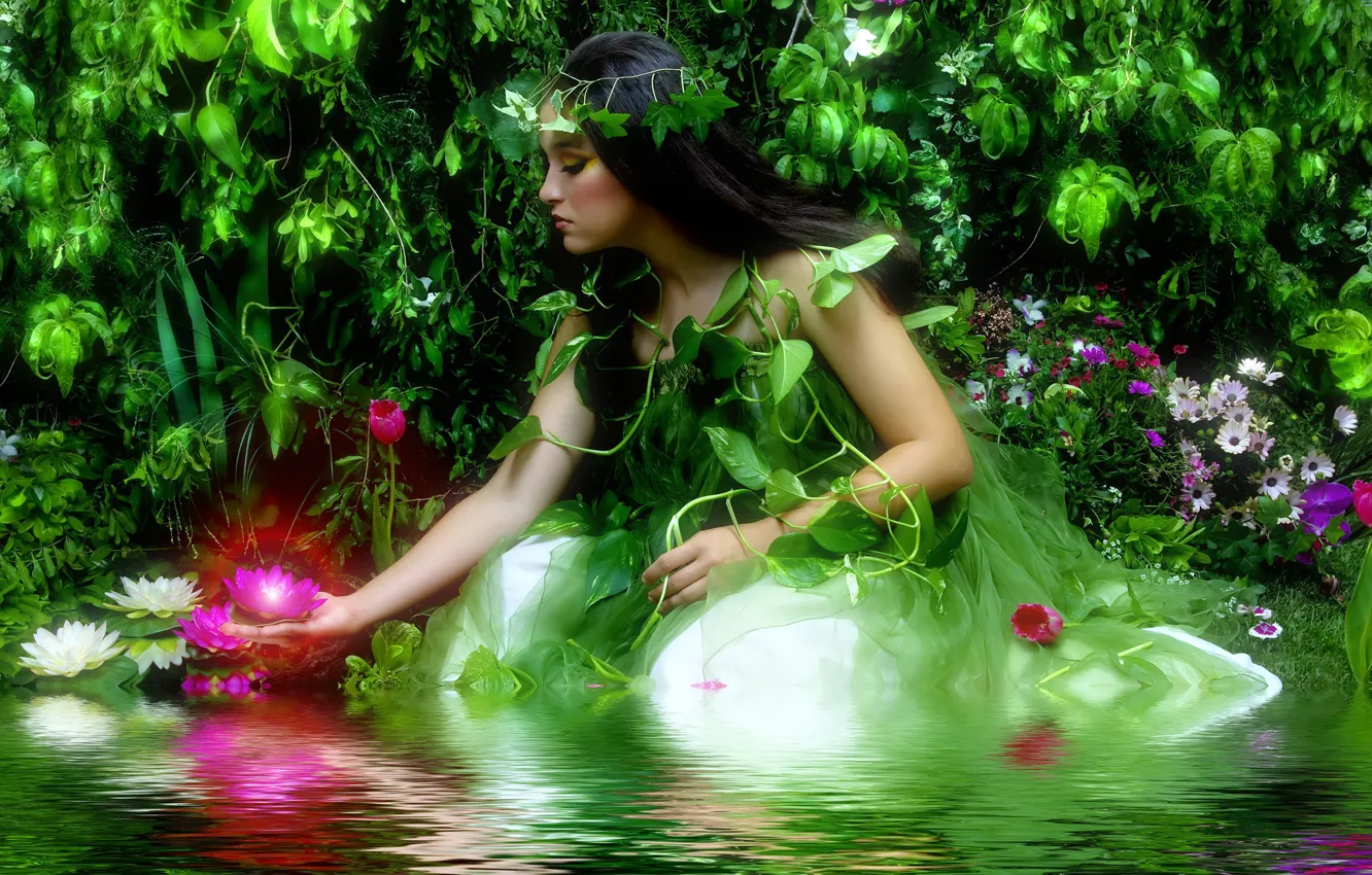 Фото обои вода, девушка, цветы, озеро, фотошоп, рябь, фотоарт