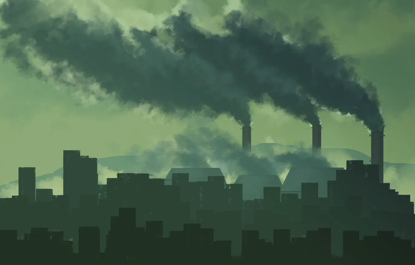 Фото обои завод, дым, загрязнение, экология, фабрика, Тэц