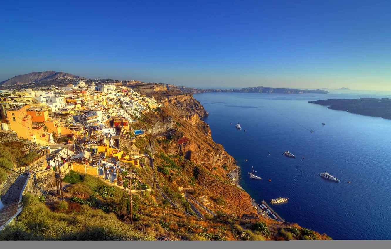 Фото обои море, пейзаж, горы, скалы, дома, Город, Санторини, Греция