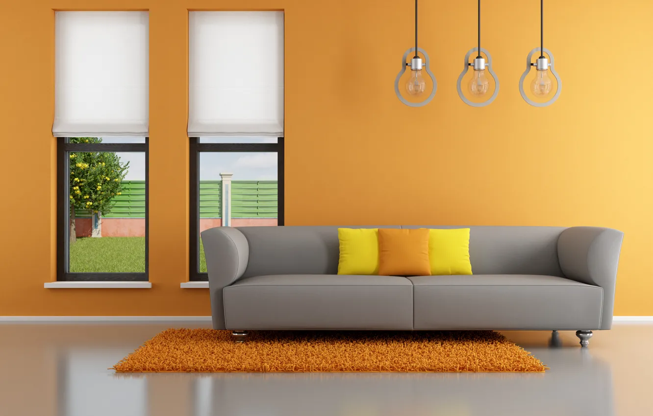 Фото обои оранжевый, диван, интерьер, подушки, окно, orange, гостиная, window