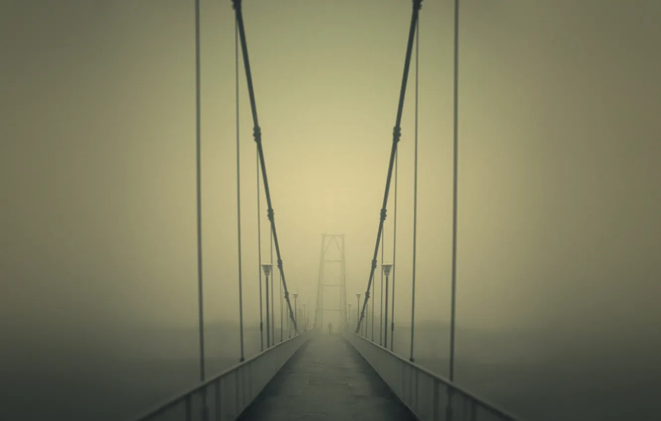 Фото обои дорога, мост, туман
