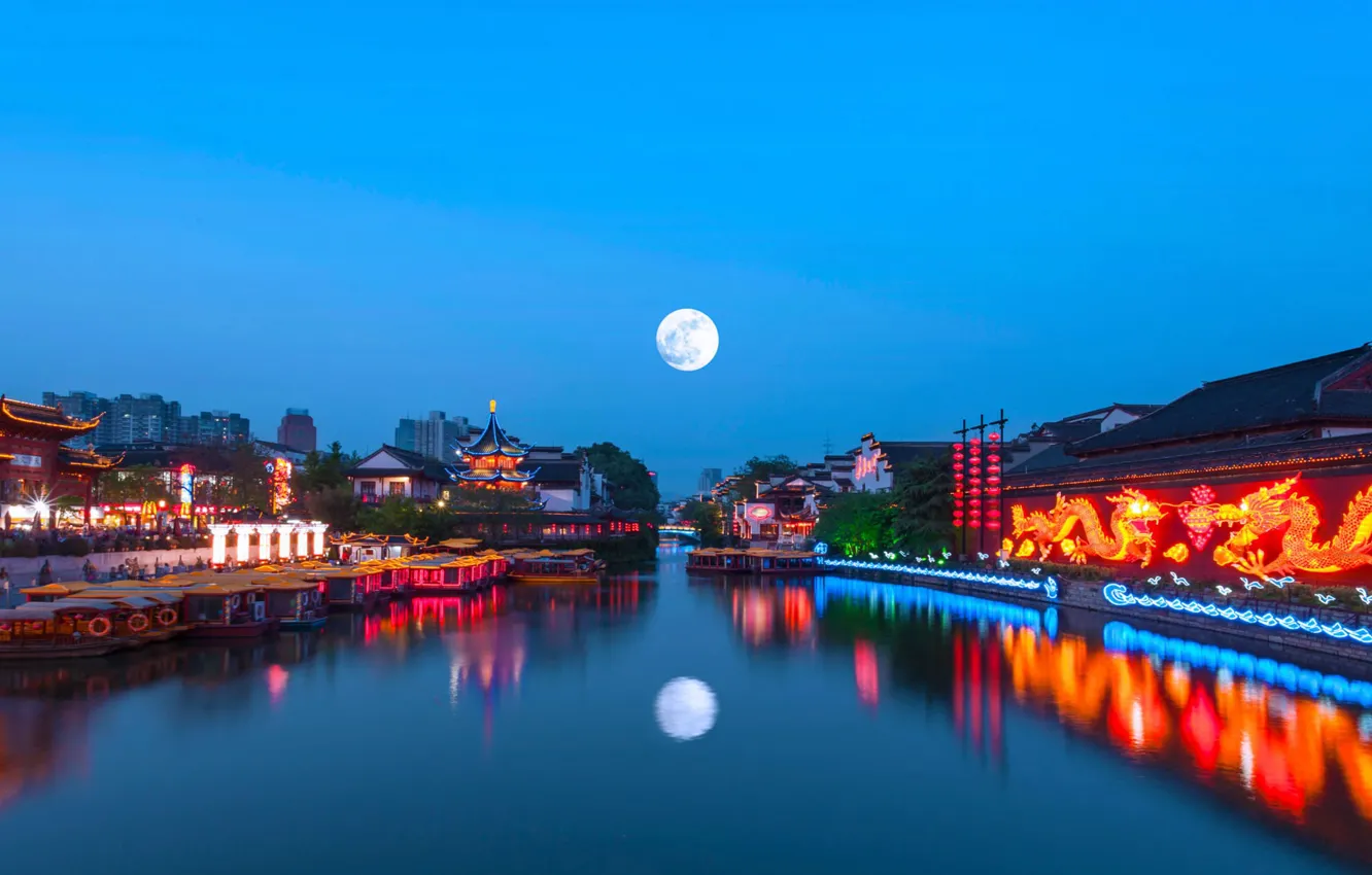Фото обои огни, Луна, Китай, Нанкин, река Циньхуай, праздник середины осени