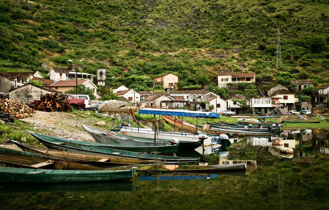 Фото обои пейзаж, горы, природа, лодки, красиво, черногория, montenegro, скадарское озеро