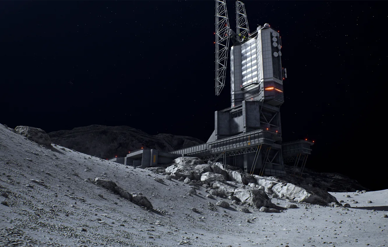 Фото обои космос, фантастика, луна, здание, space station