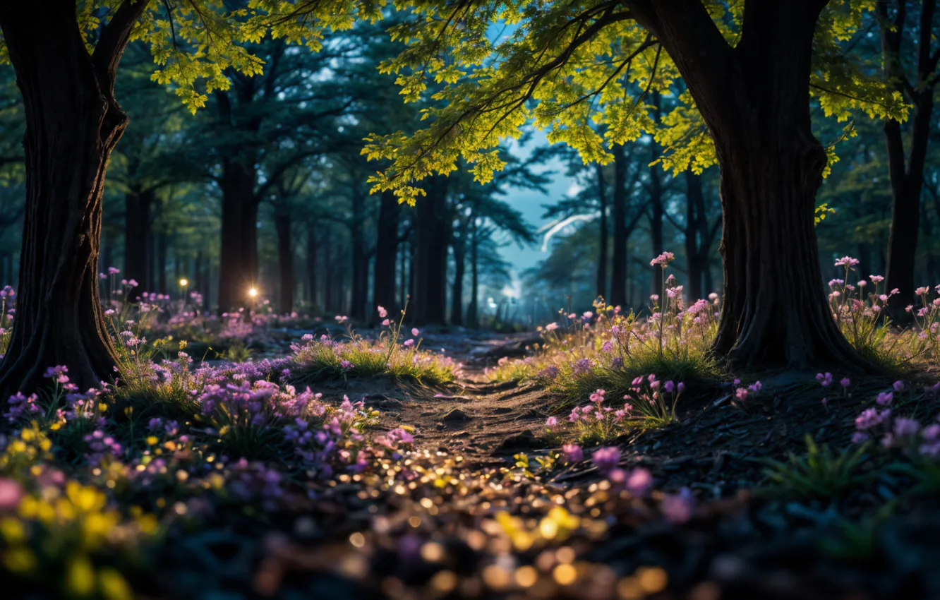 Фото обои Nature, Spring, Surreal, AI art, Magical forest