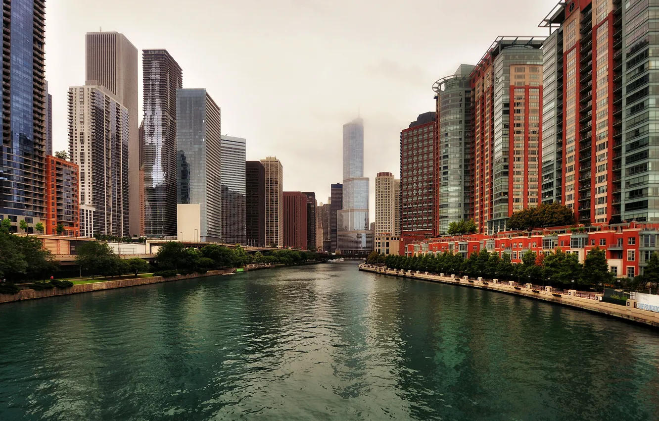 Фото обои Чикаго, канал, США, небоскрёбы.