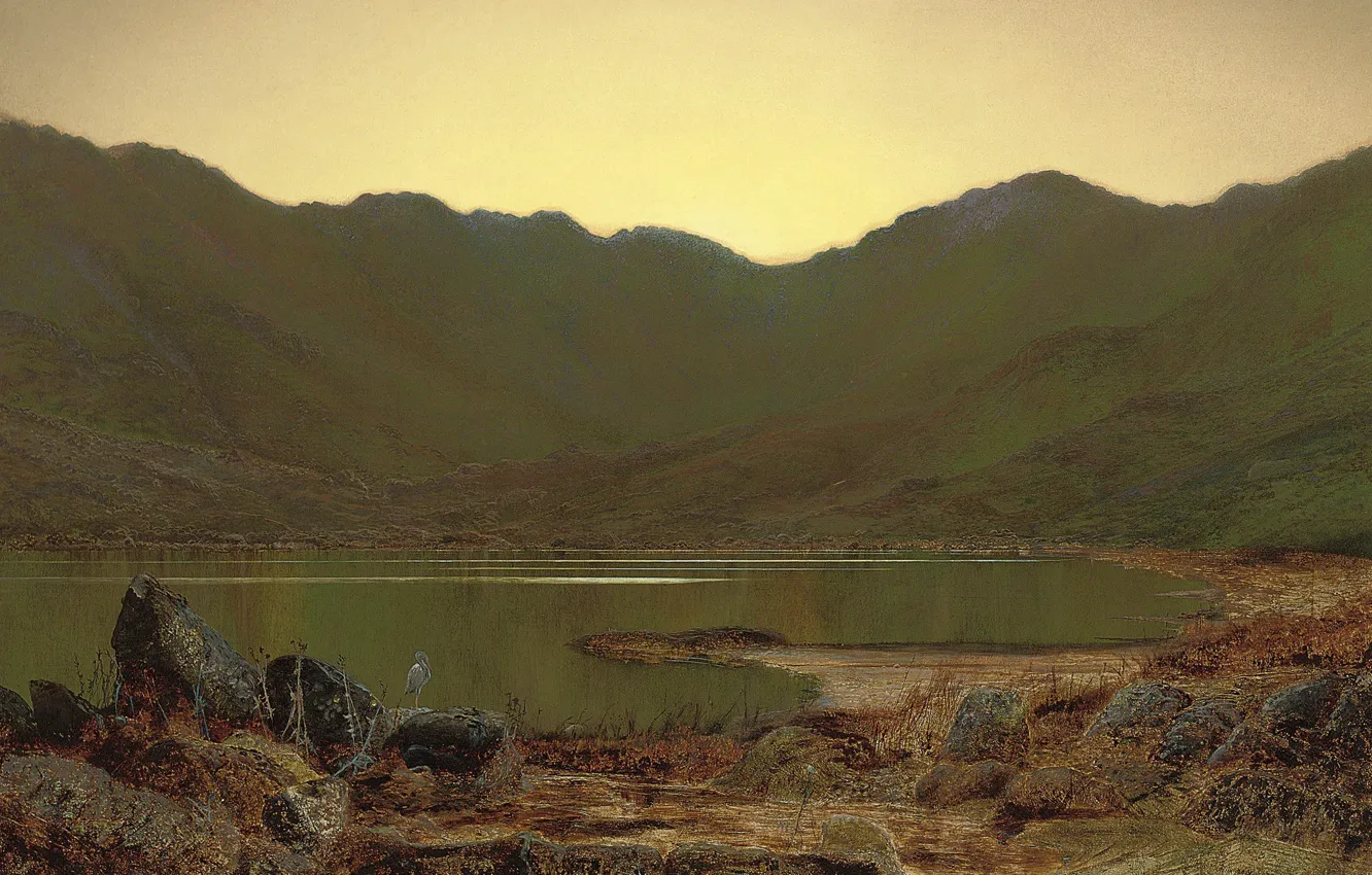 Фото обои пейзаж, горы, озеро, птица, картина, Джон Эткинсон Гримшоу, John Atkinson Grimshaw, Любимое Место Цапли
