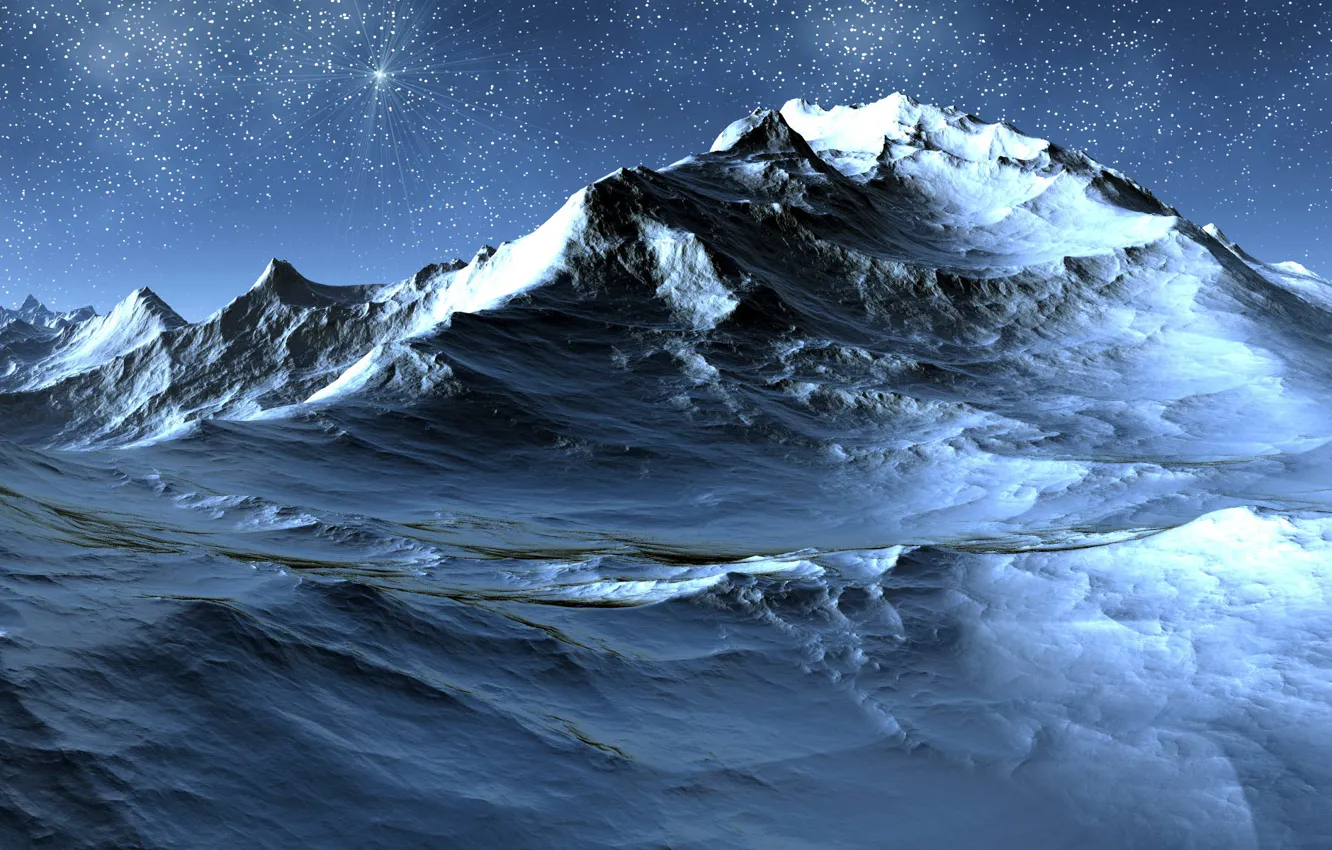 Фото обои звезды, снег, пейзаж, горы, скалы, 3200х1200