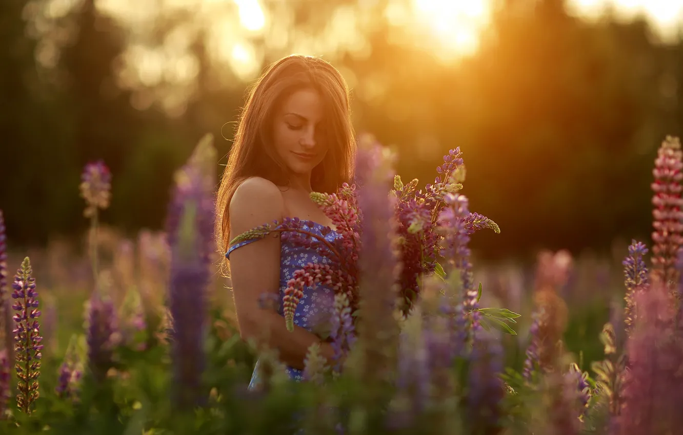 Фото обои trees, field, nature, flowers, model, women, brunette, plants