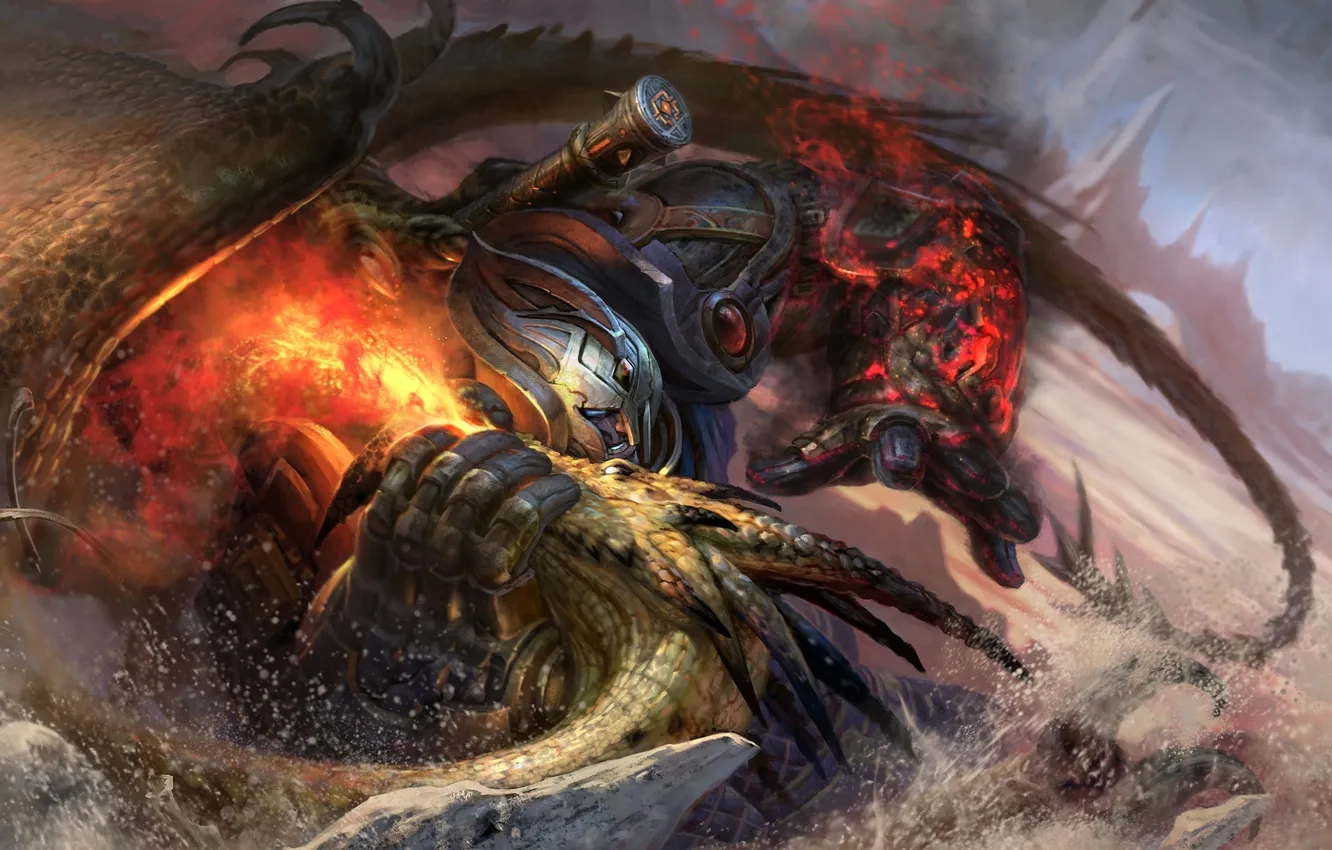 Фото обои скалы, огонь, дракон, воин, арт, гигант, битва