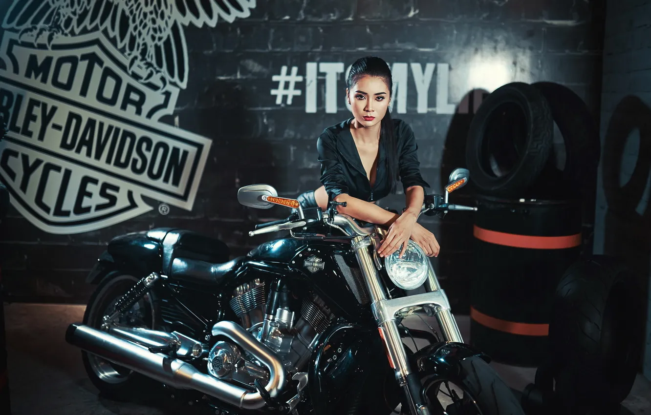 Фото обои девушка, мотоцикл, азиатка