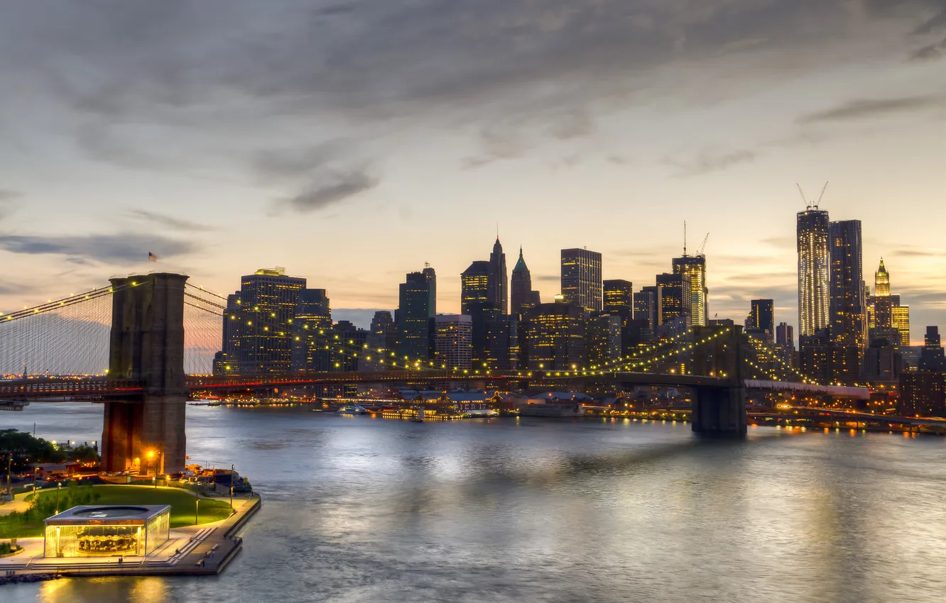 Фото обои мост, город, река, Нью-Йорк, небоскребы, Бруклинский
