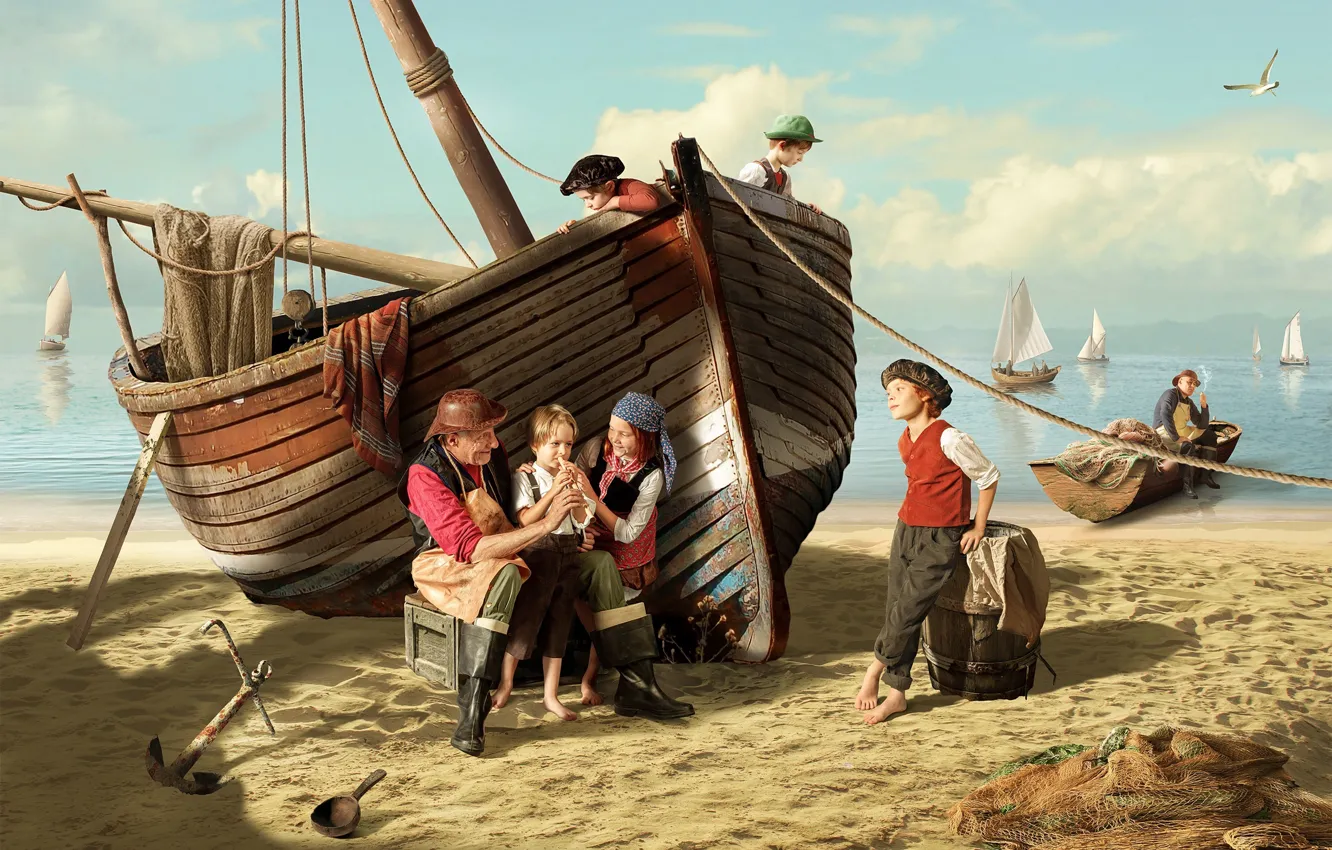 Фото обои песок, море, дети, побережье, лодки, баркас, Дмитрий Усанин, старый рыбак
