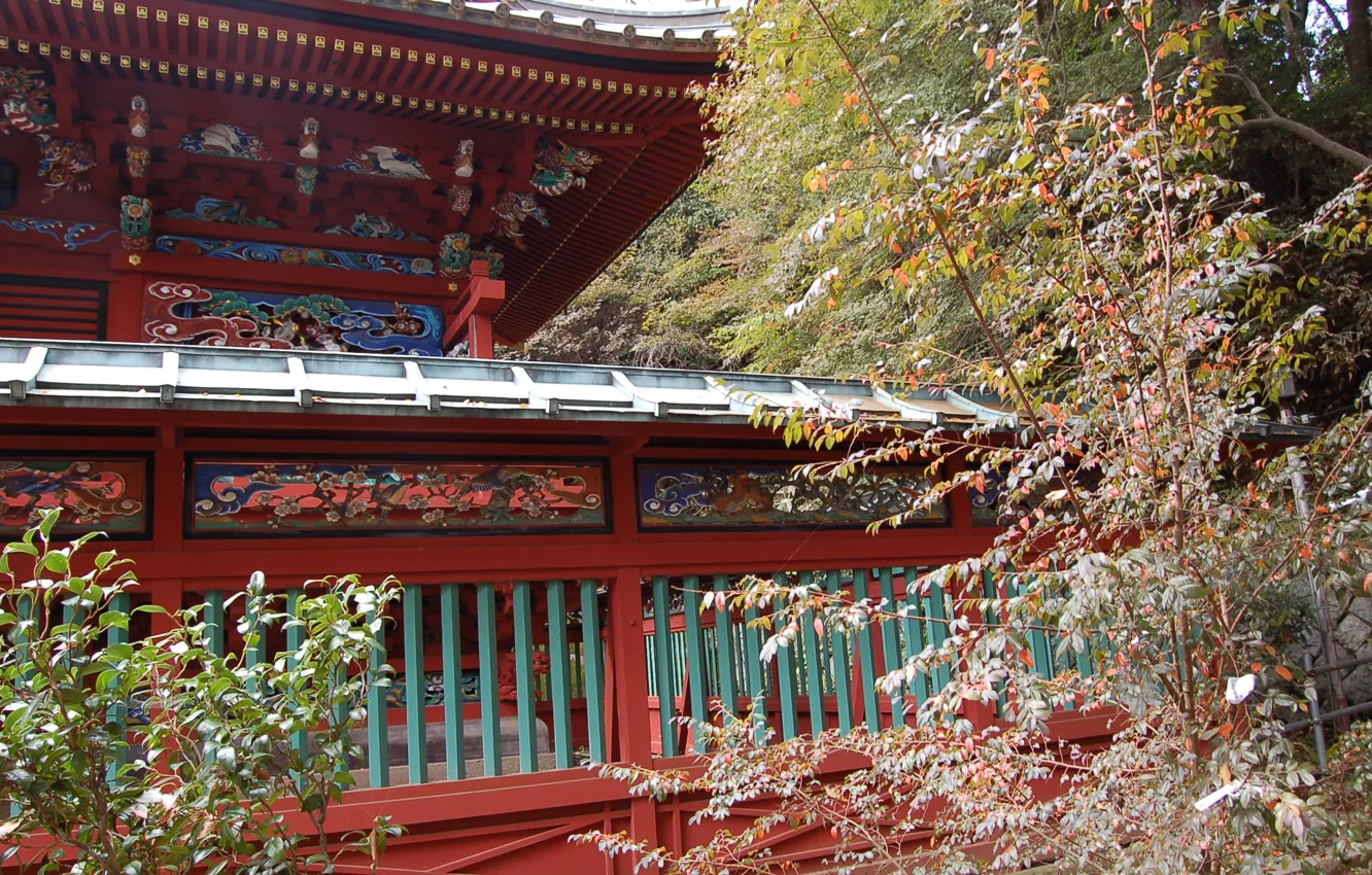 Фото обои листва, Япония, храм, Japan, роспись