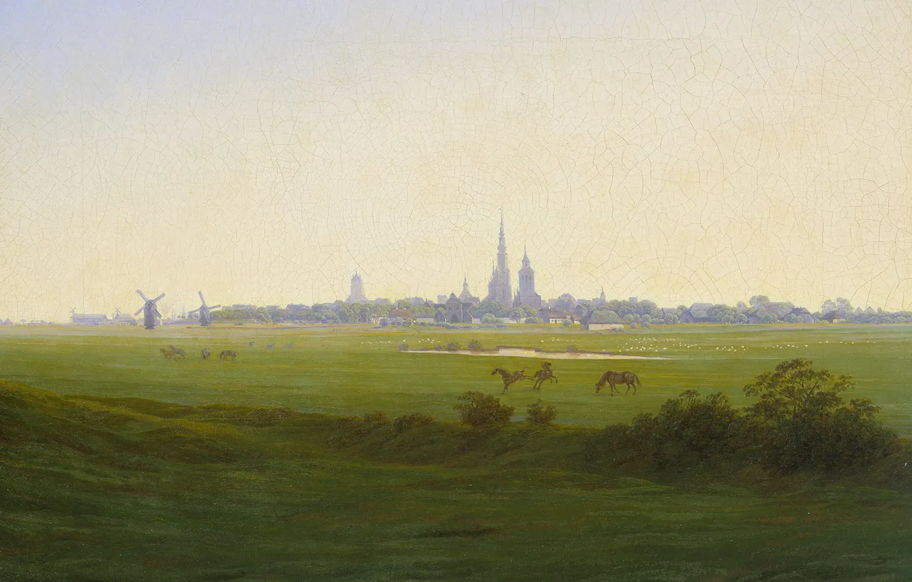 Фото обои пейзаж, город, картина, Каспар Давид Фридрих, Луга под Грайфсвальдом