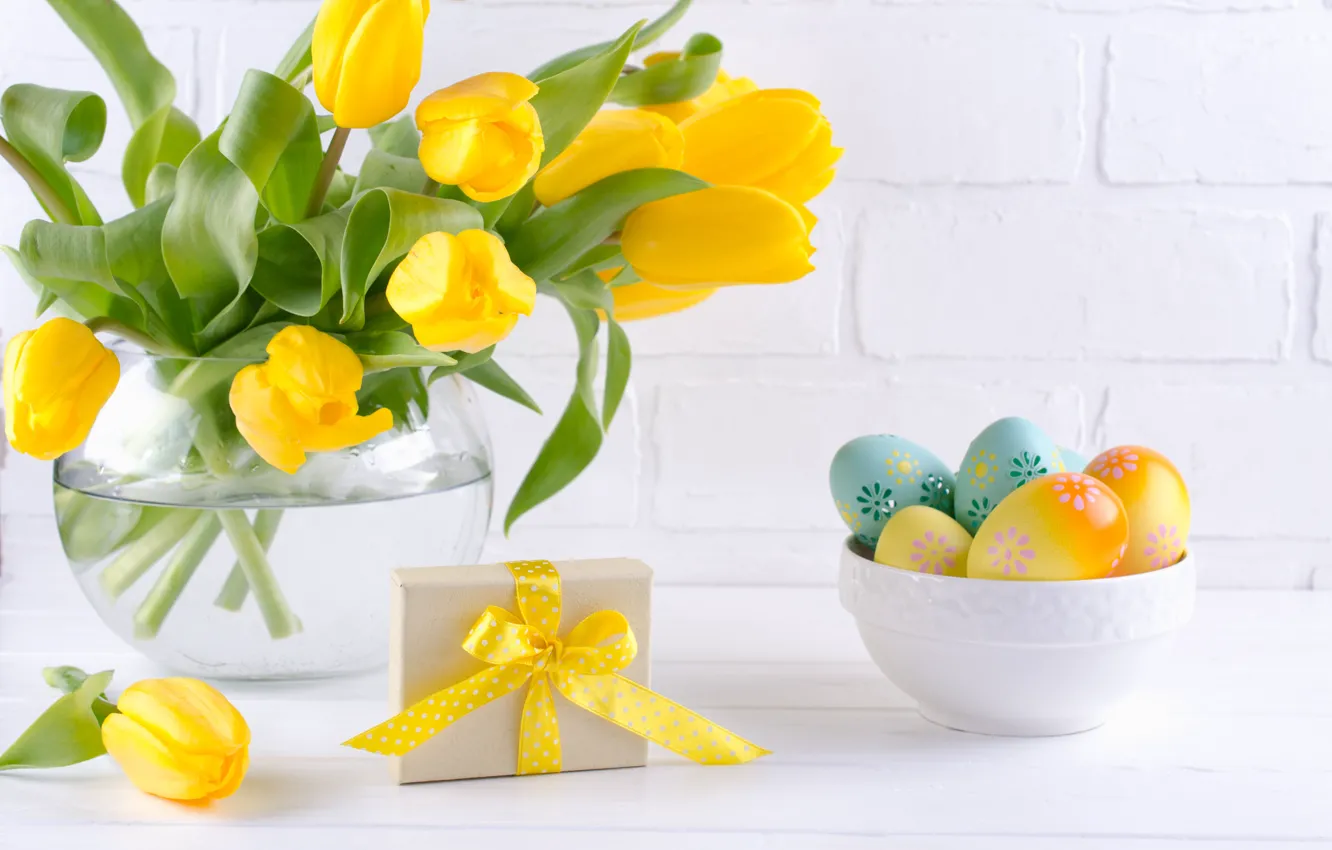 Фото обои праздник, подарок, Пасха, тюльпаны, ваза, композиция, egg, Irinka Vasilinka